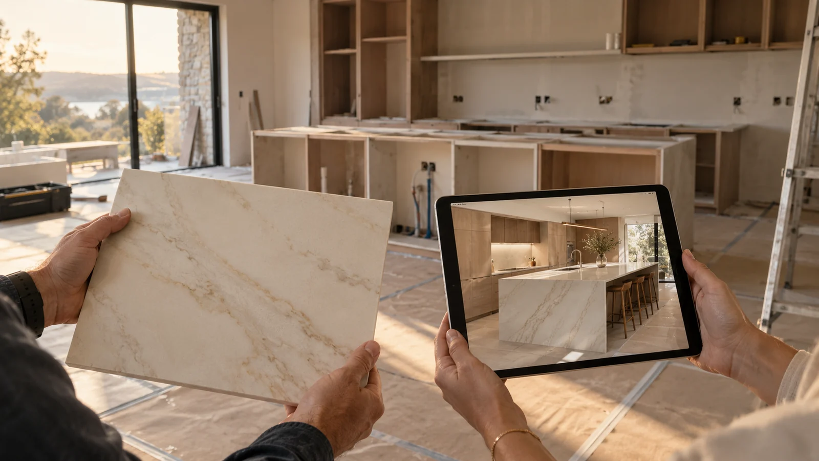 Cliente a comparar uma placa de porcelanato com a simulação da cozinha num tablet