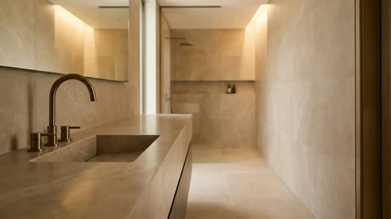 Casa de banho com bancada e cuba em porcelanato